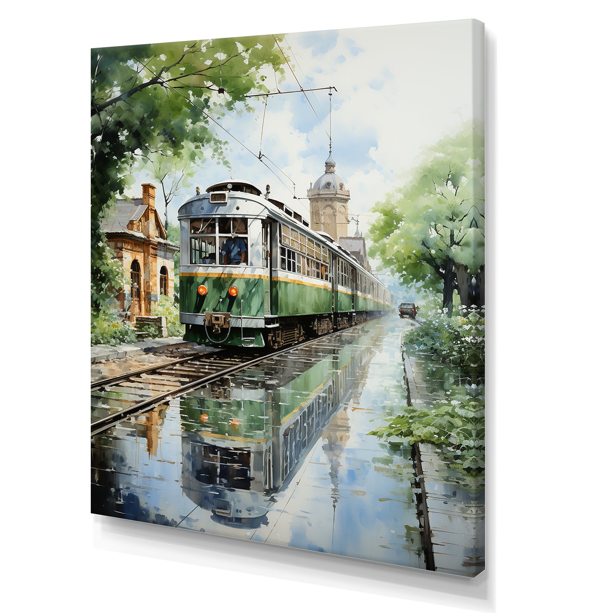Tranquil Train Retreat Pointillism - Train Canvas Wall Art