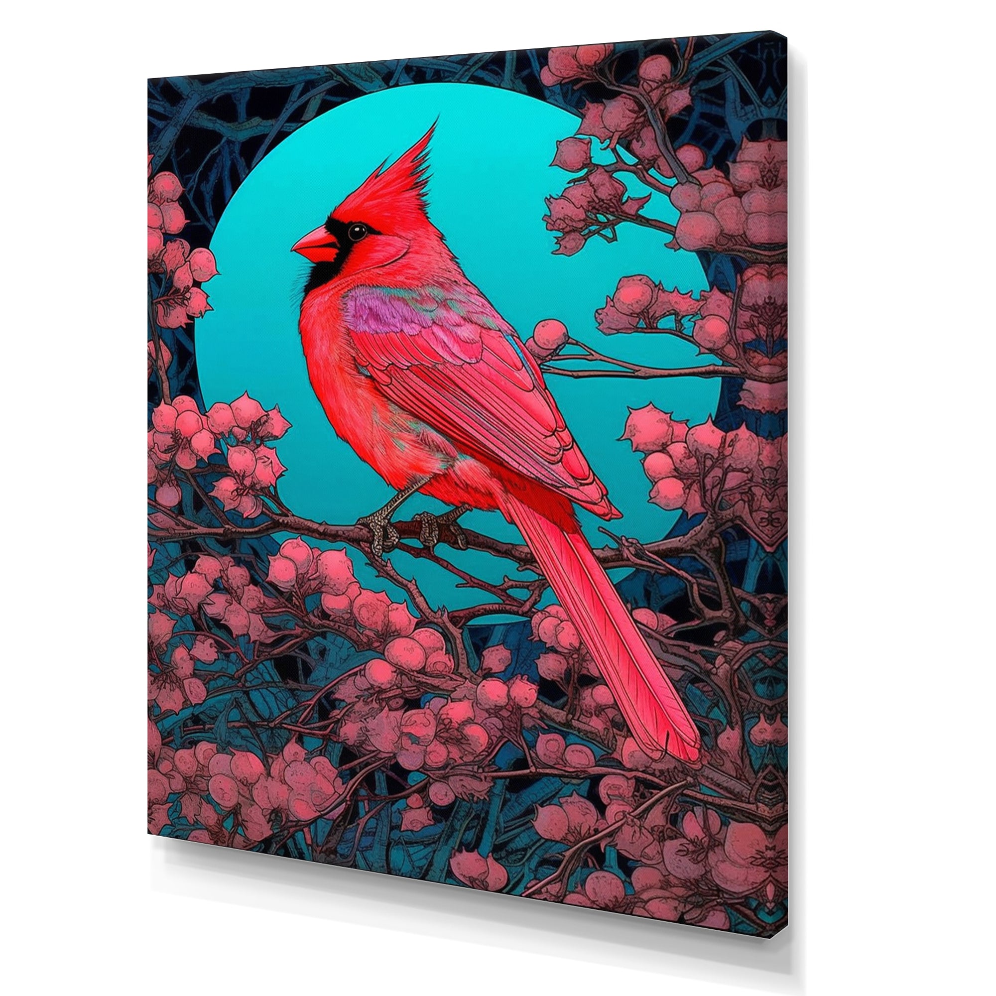 Red Cardinal Bird Under Full Moon - Bird Framed Canvas Art