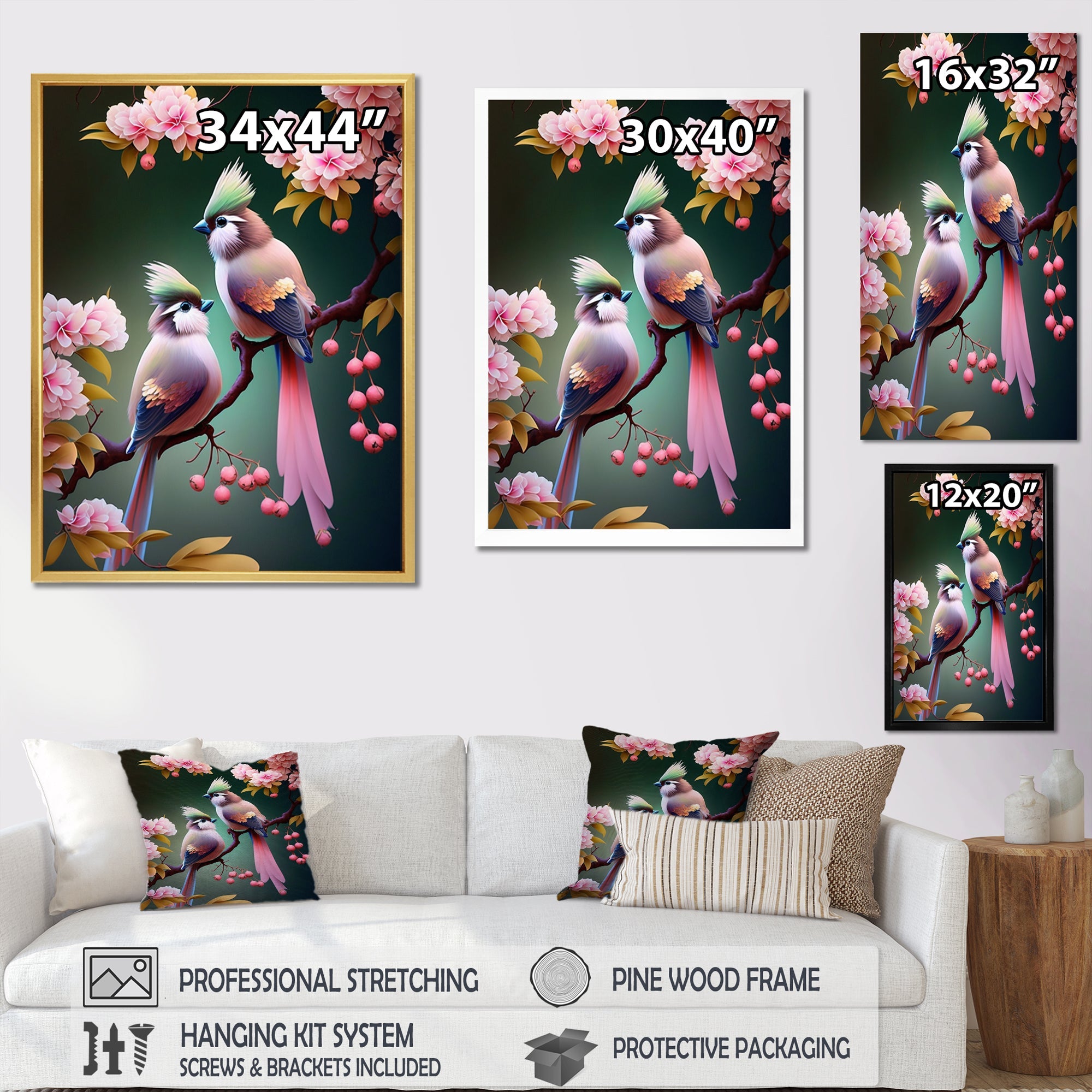Pink Cardinal Birds On A Branch - Bird Bedroom Wall Art