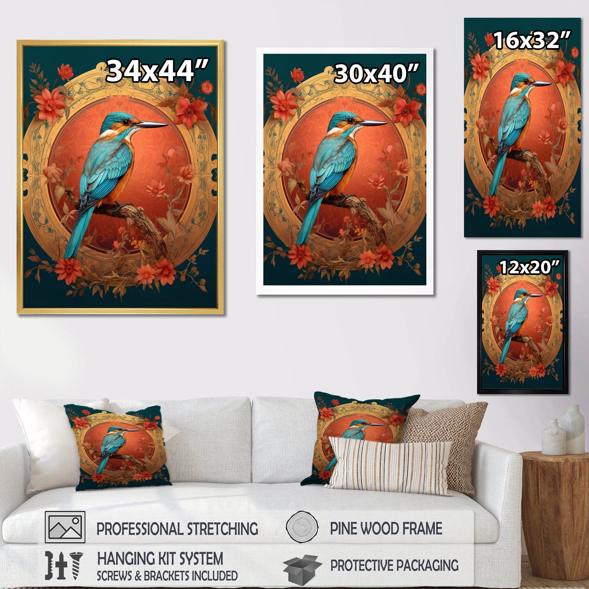 Blue Kingfisher Retro Illustration - Bird Canvas Wall Art