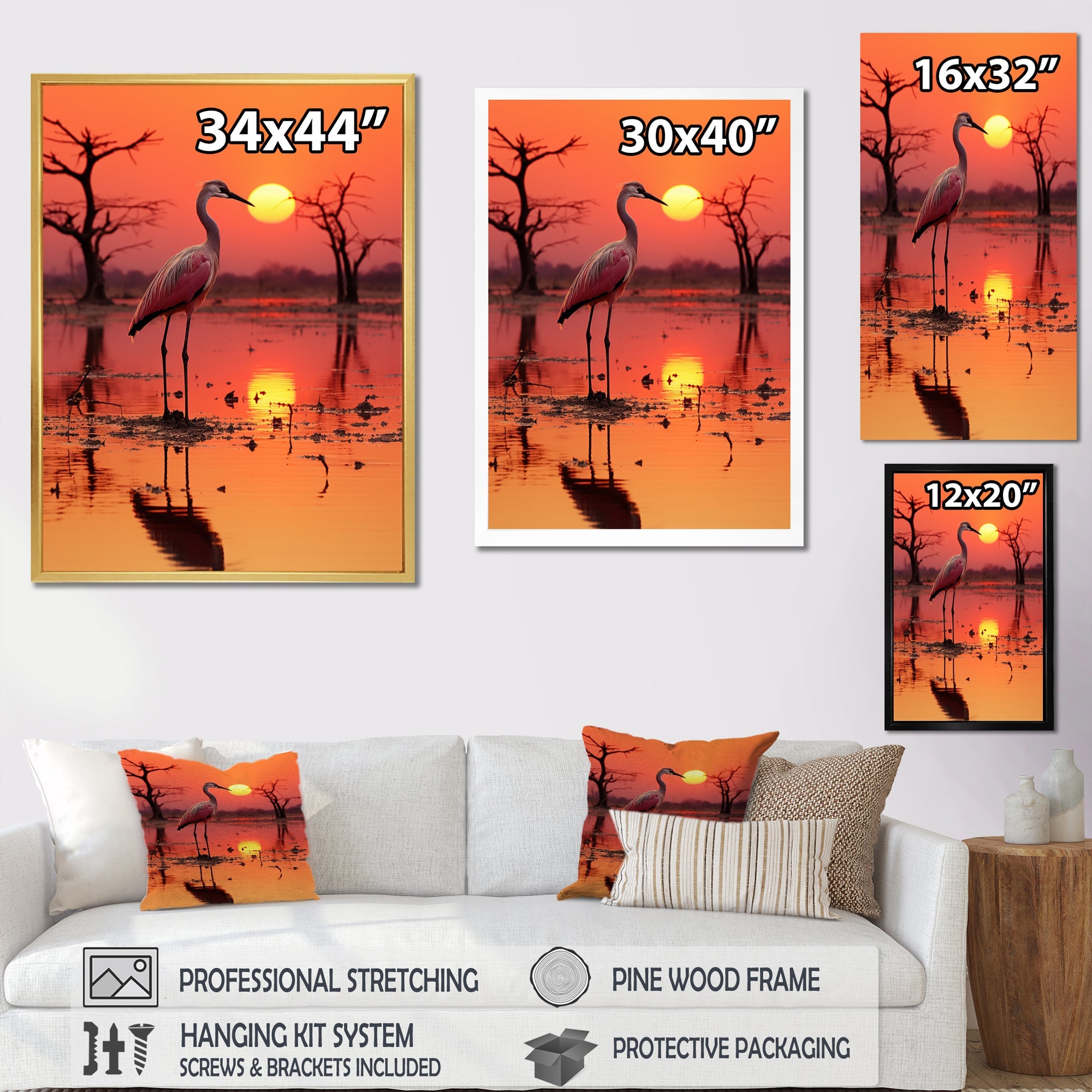 White Stork Pink Sunset Nature Photography - Yellow Bird Wall Art