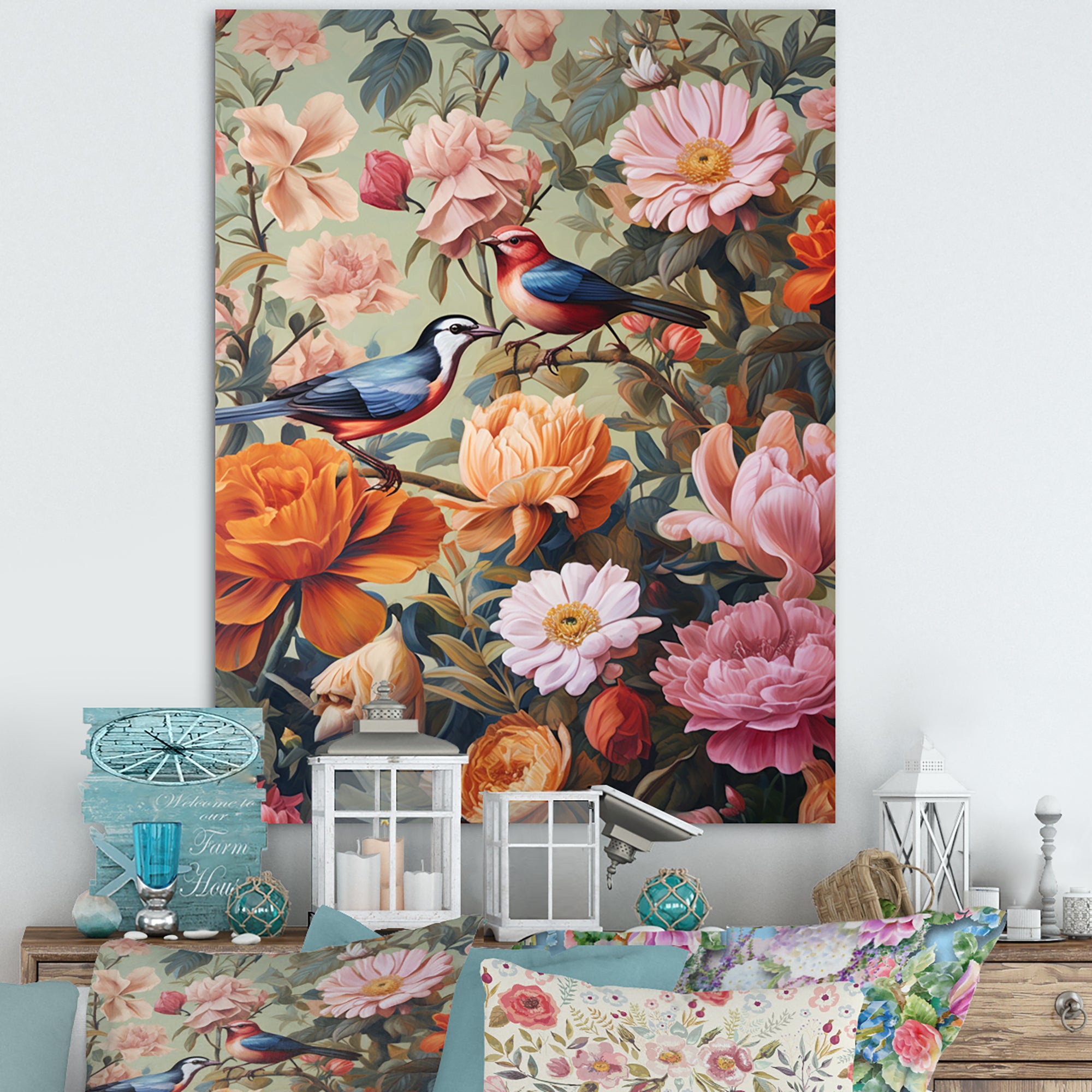 Tropical Birds In Paradise Flower field Painting - Bird Wall Art Prints