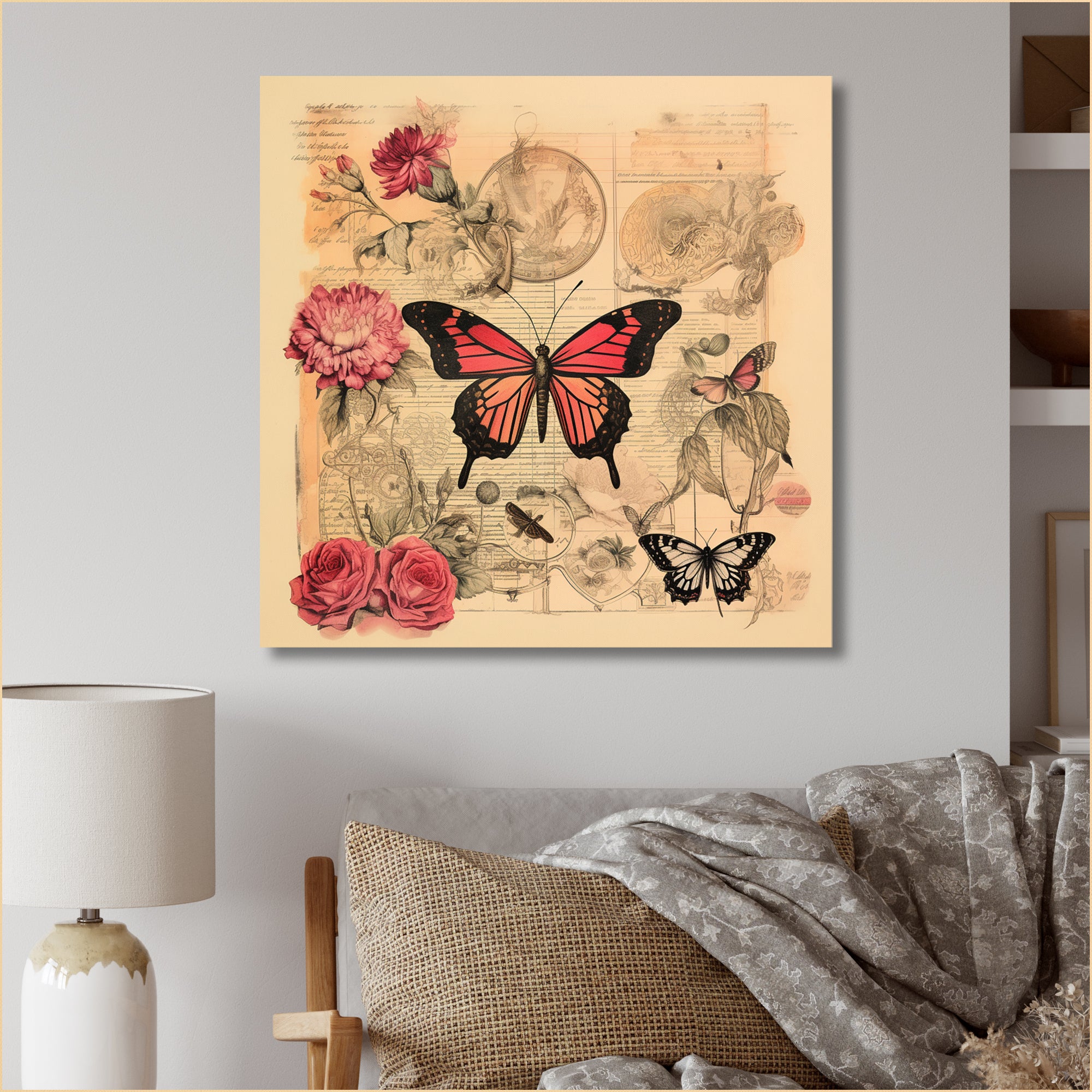 Vintage Illustration Of Romantic Pink Butterfly - Butterfly Canvas Wall Art