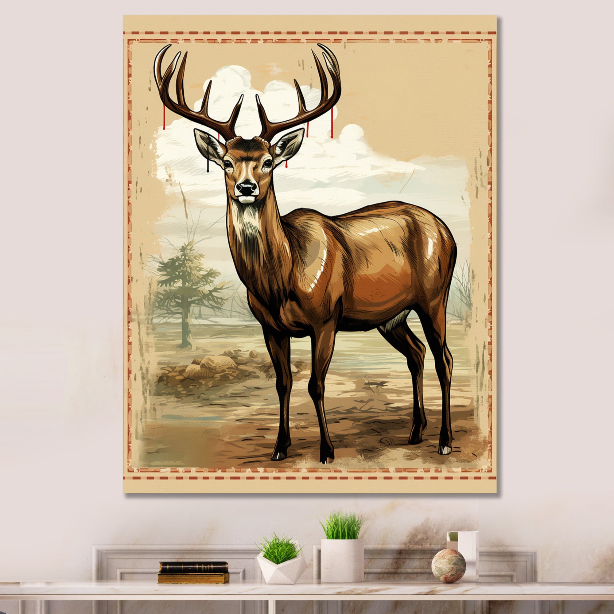 Majestic Deer Retro Illustration - Brown Deer Wall Art
