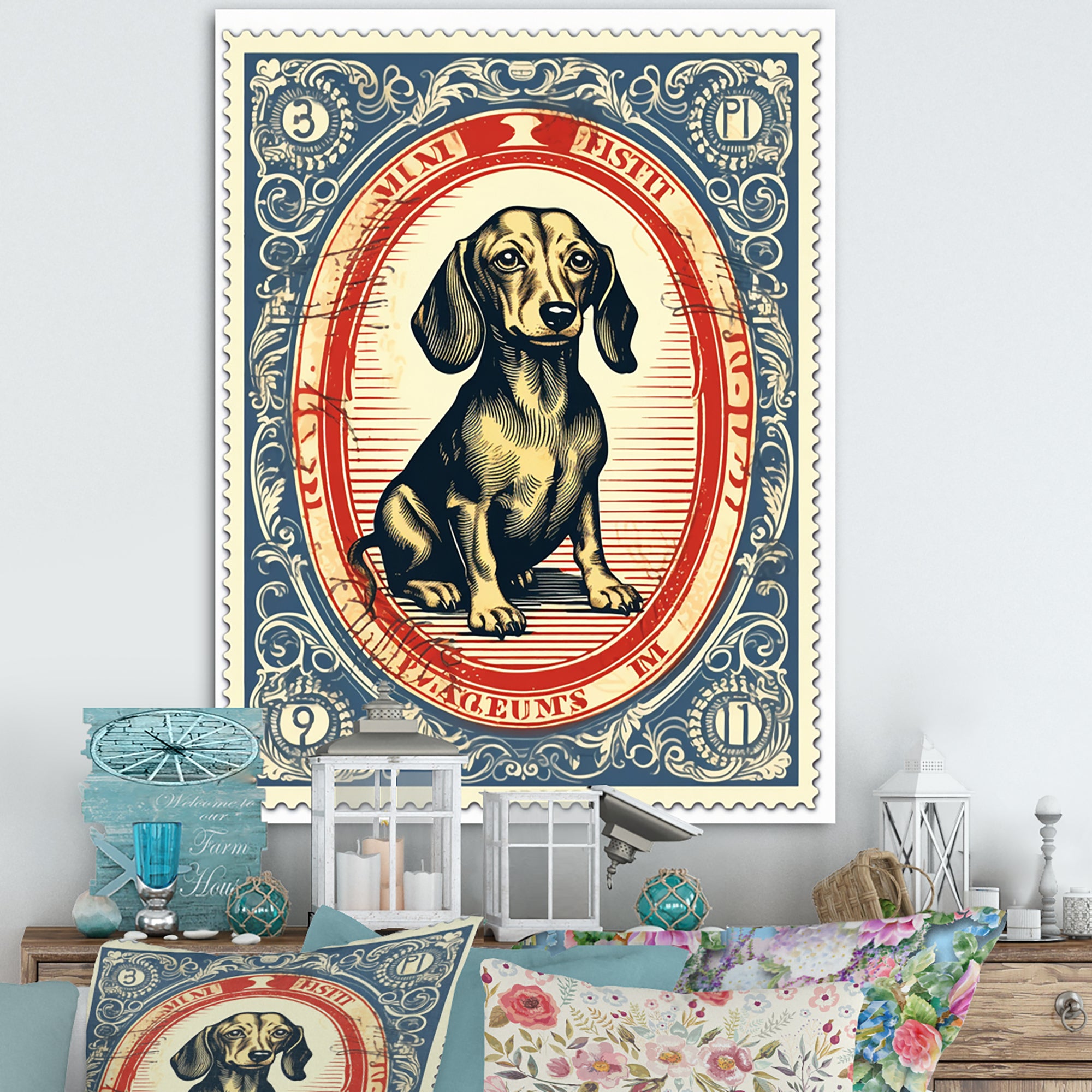 Retro Illustration Of Cute Dachshund - Dog Daschund Living Room Wall Art