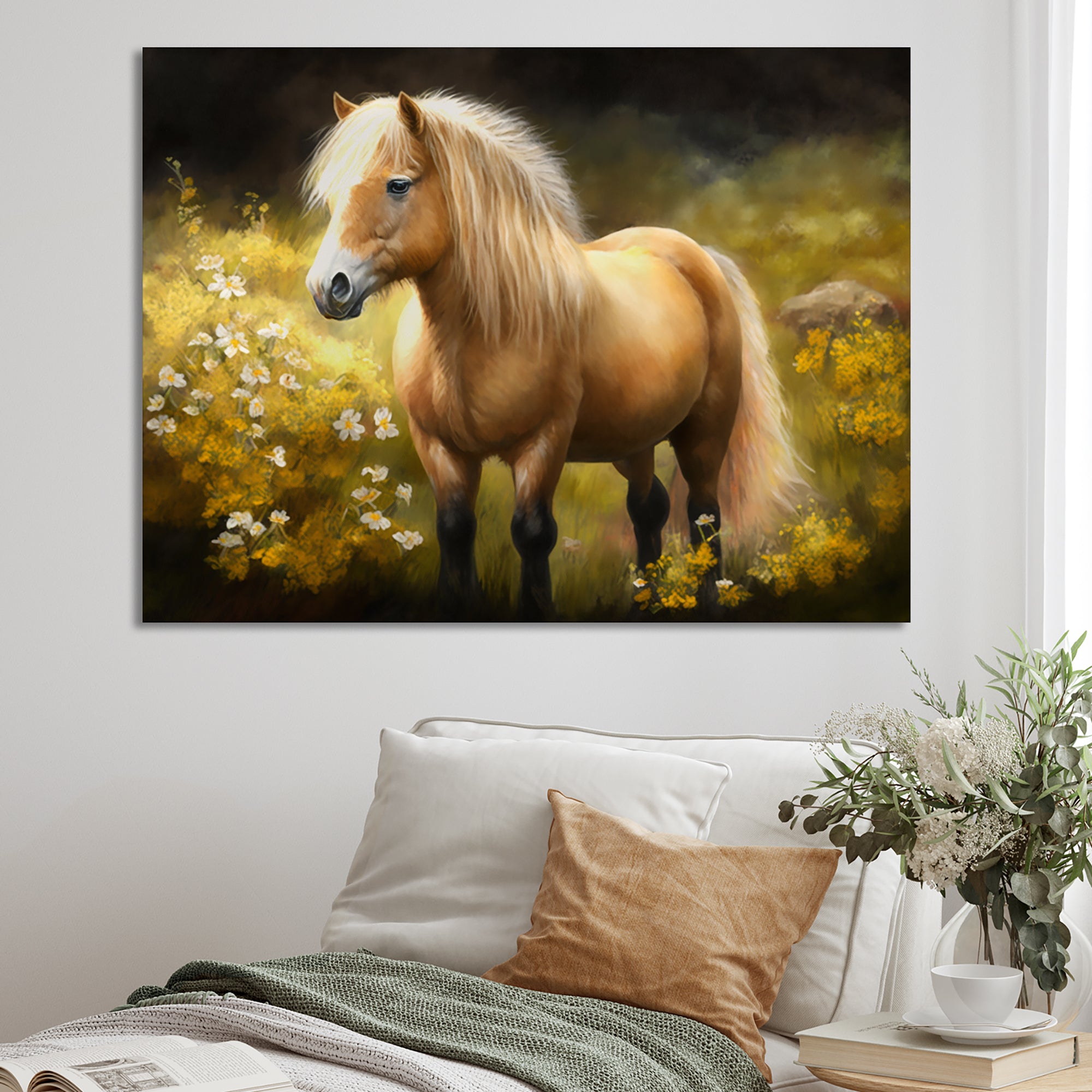 Golden Pony In Flower Meadow - Horse Wall Art Prints