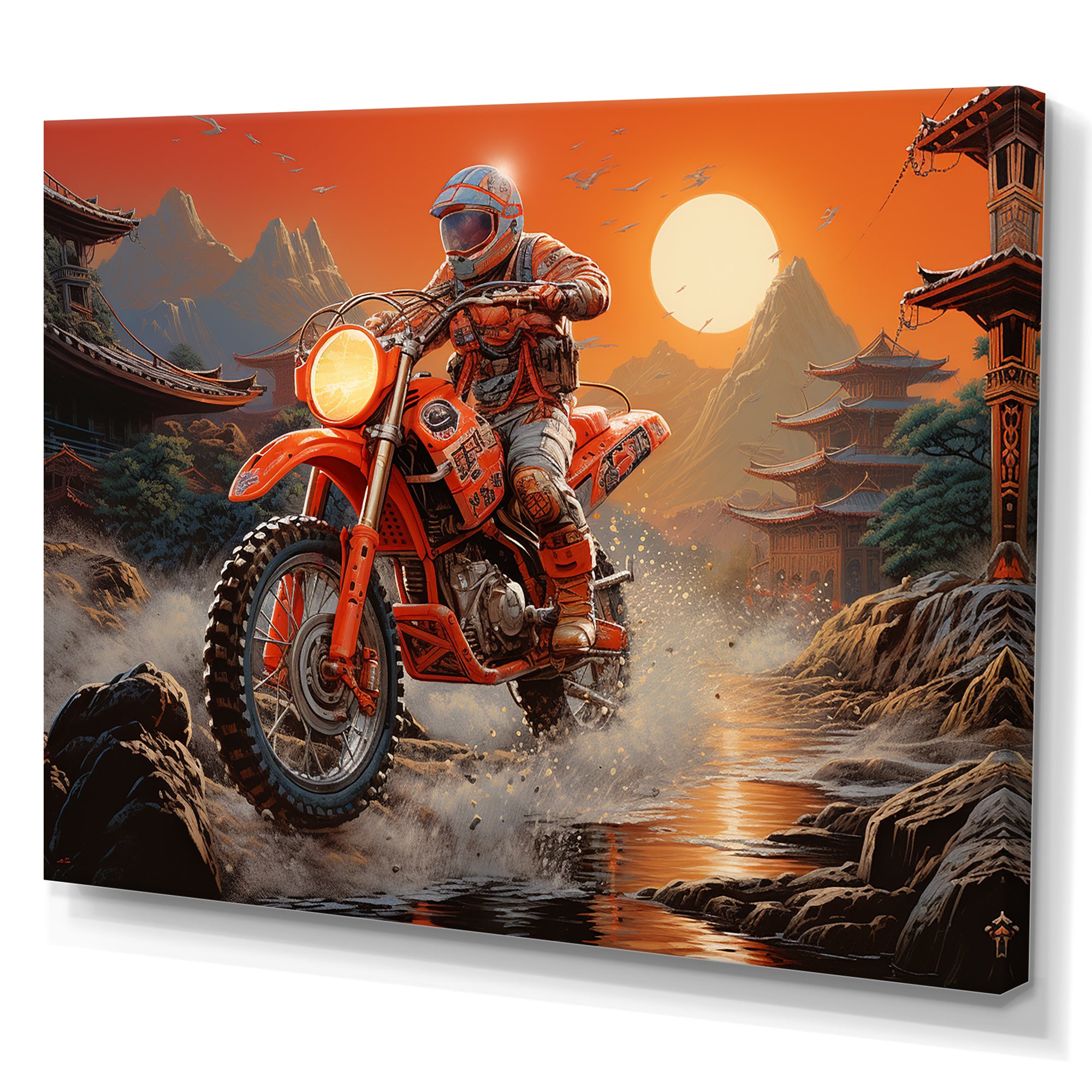 Red Dirt Bike Riding In Japanese Mountains - Bicycle Canvas Wall Art
