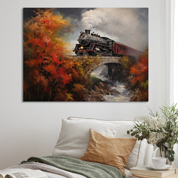 Steam train Crossing Autumn Bridge Painting - Train Canvas Wall Art