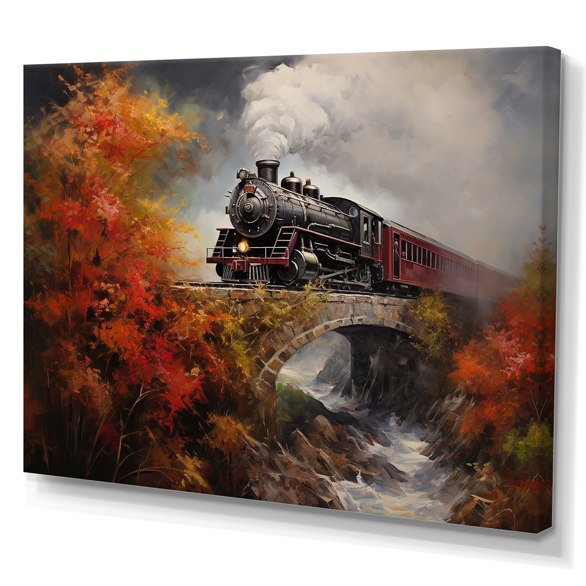Steam train Crossing Autumn Bridge Painting - Train Canvas Wall Art