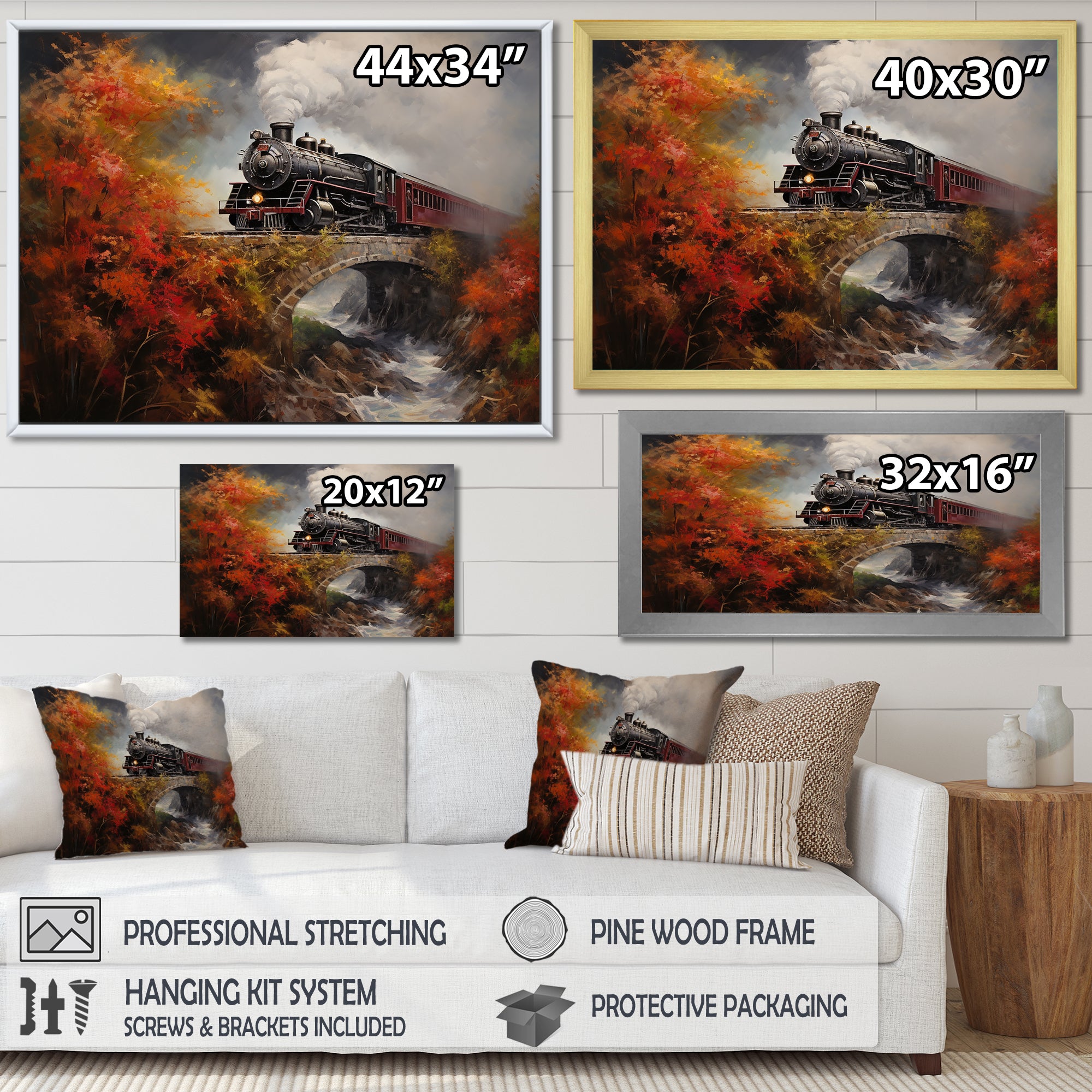 Steam train Crossing Autumn Bridge Painting - Train Canvas Wall Art