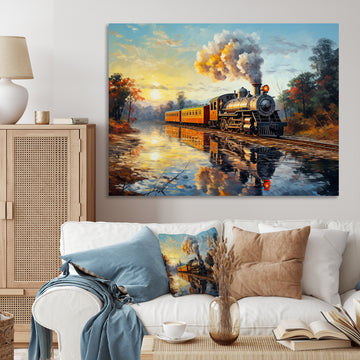 Steam train Travelling In The Sunset Painting - Train Canvas Wall Art