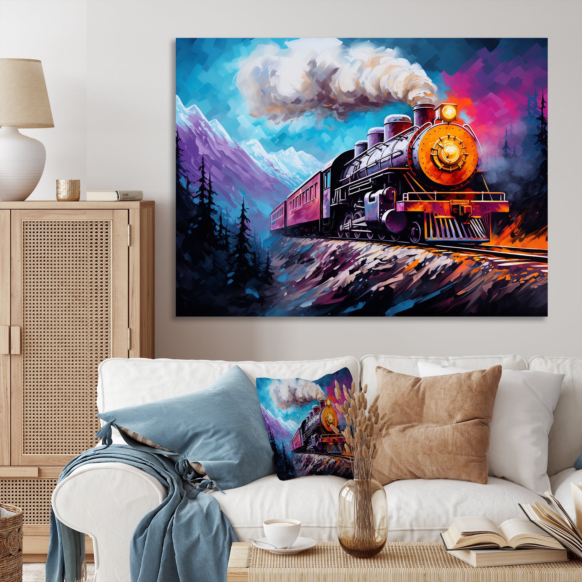 Steam train Travelling In Winter Snow Painting - Train Canvas Wall Art