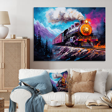 Steam train Travelling In Winter Snow Painting - Train Canvas Wall Art