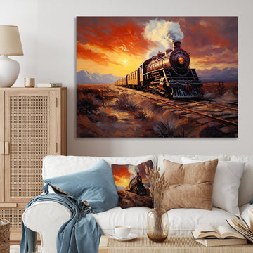 Steam train Travelling Sunset Landscape Painting I - Train Canvas Wall Art