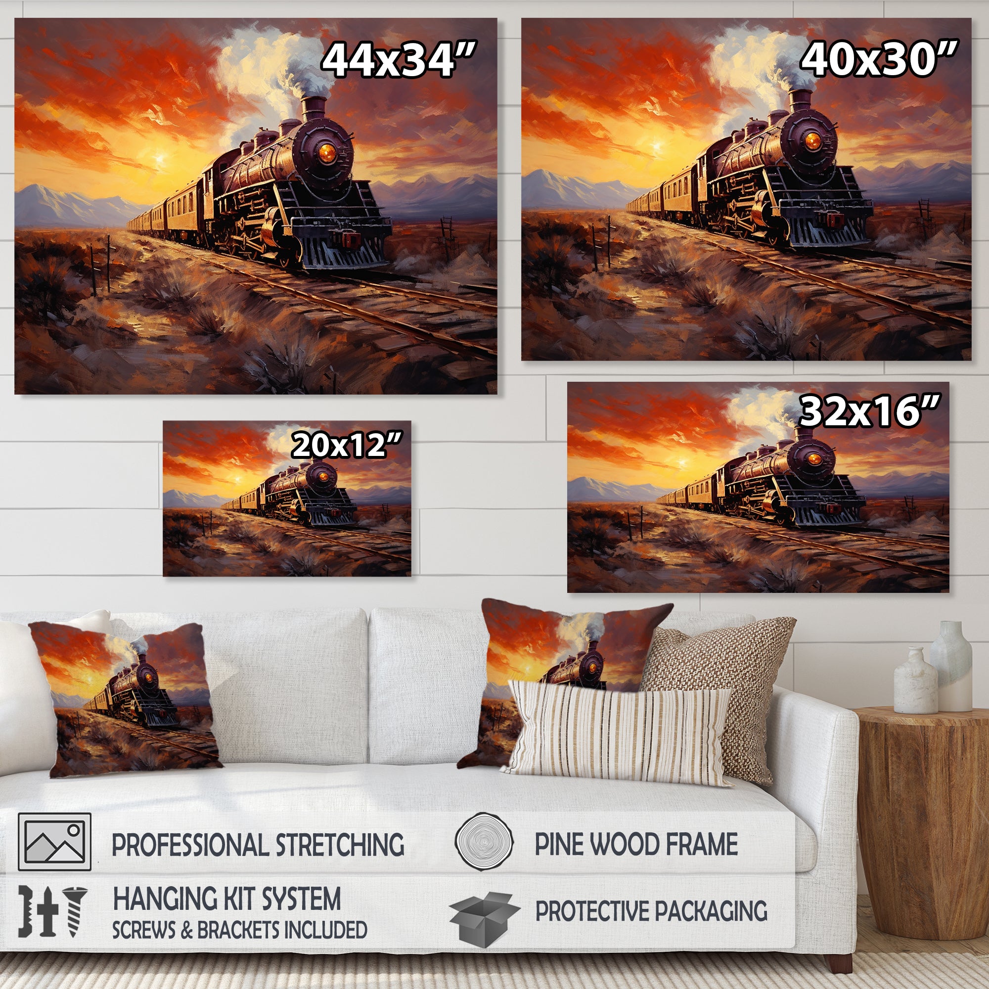 Steam train Travelling Sunset Landscape Painting I - Train Canvas Wall Art