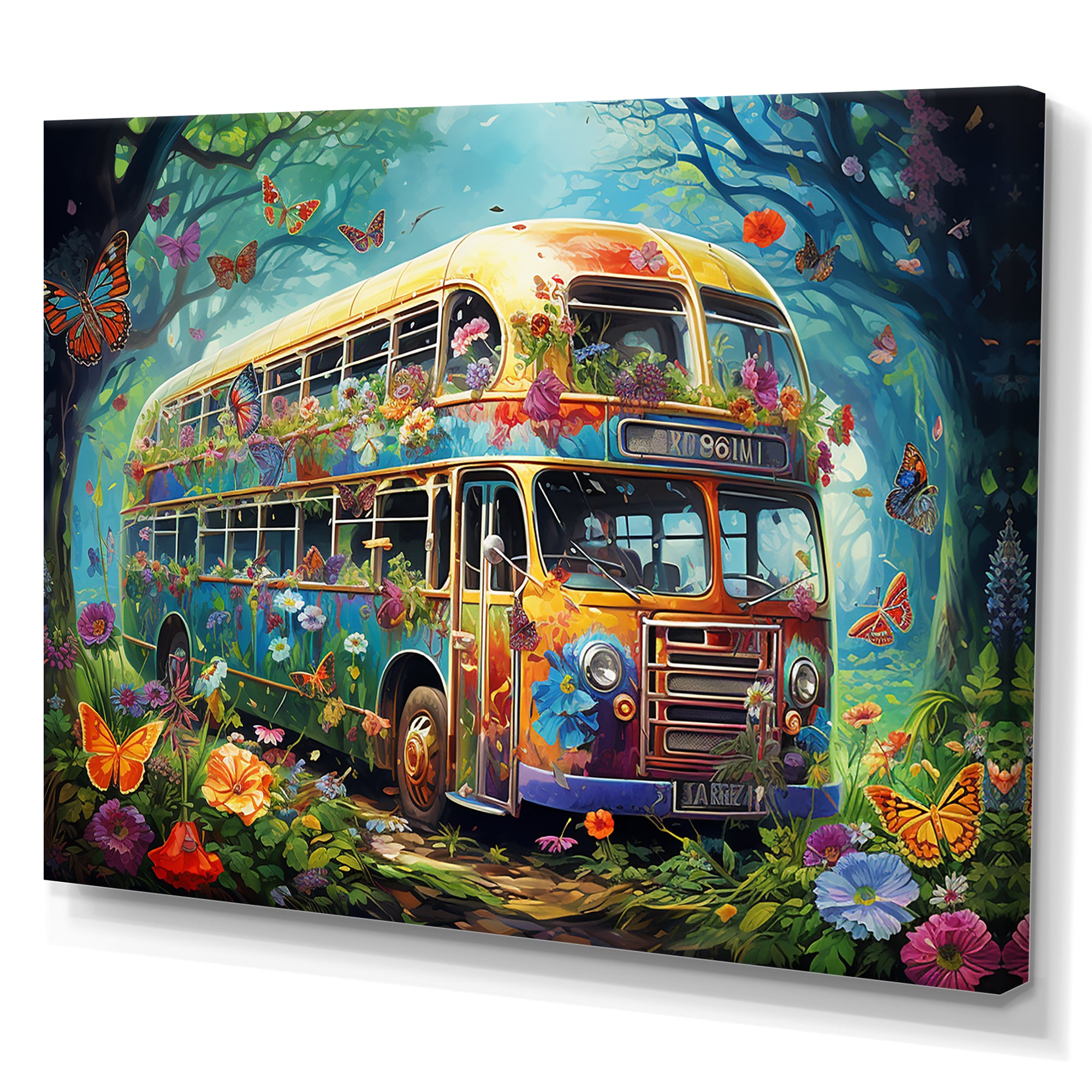 Magic Hippie Bus In The Flower Forest - Car Van Canvas Wall Art