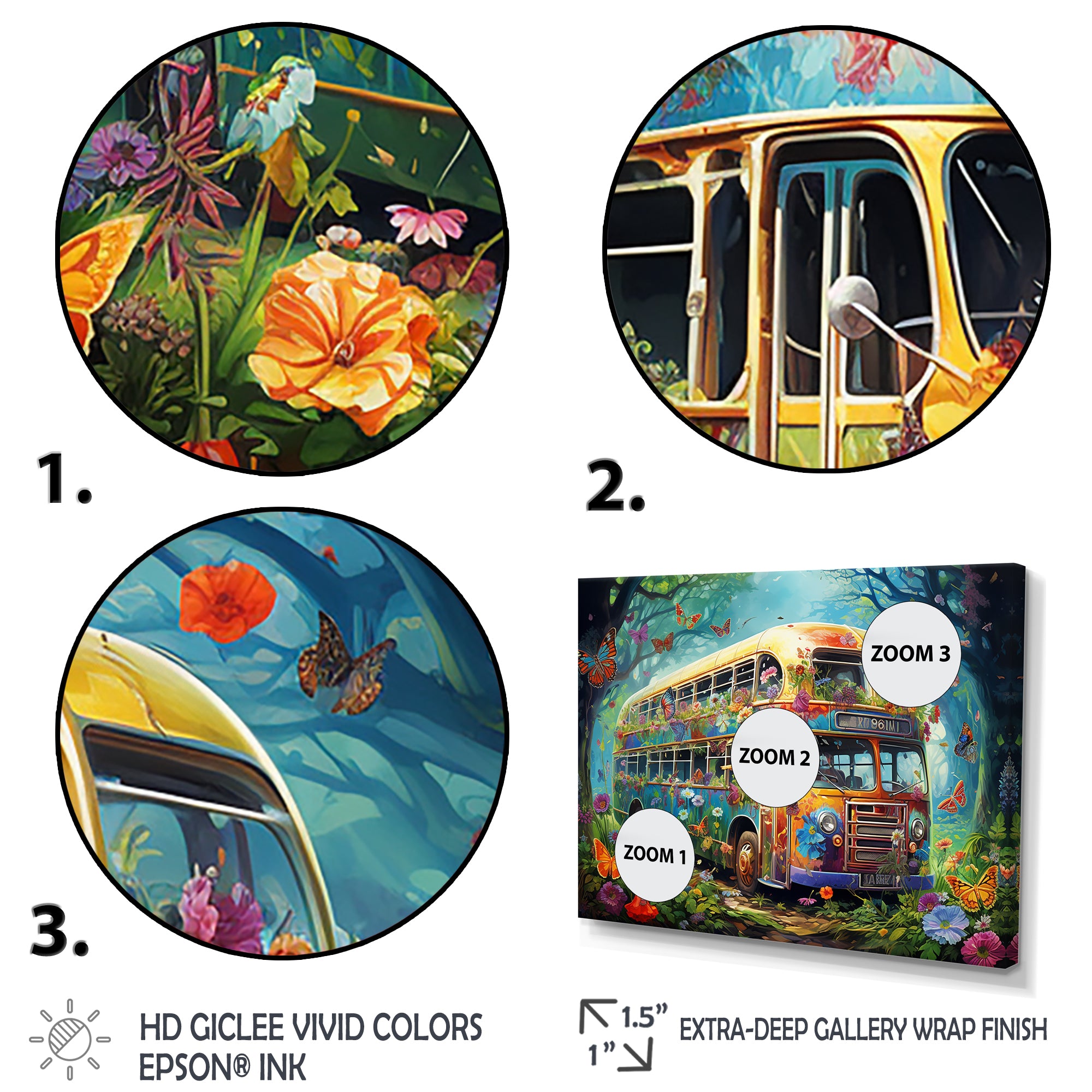 Magic Hippie Bus In The Flower Forest - Car Van Canvas Wall Art