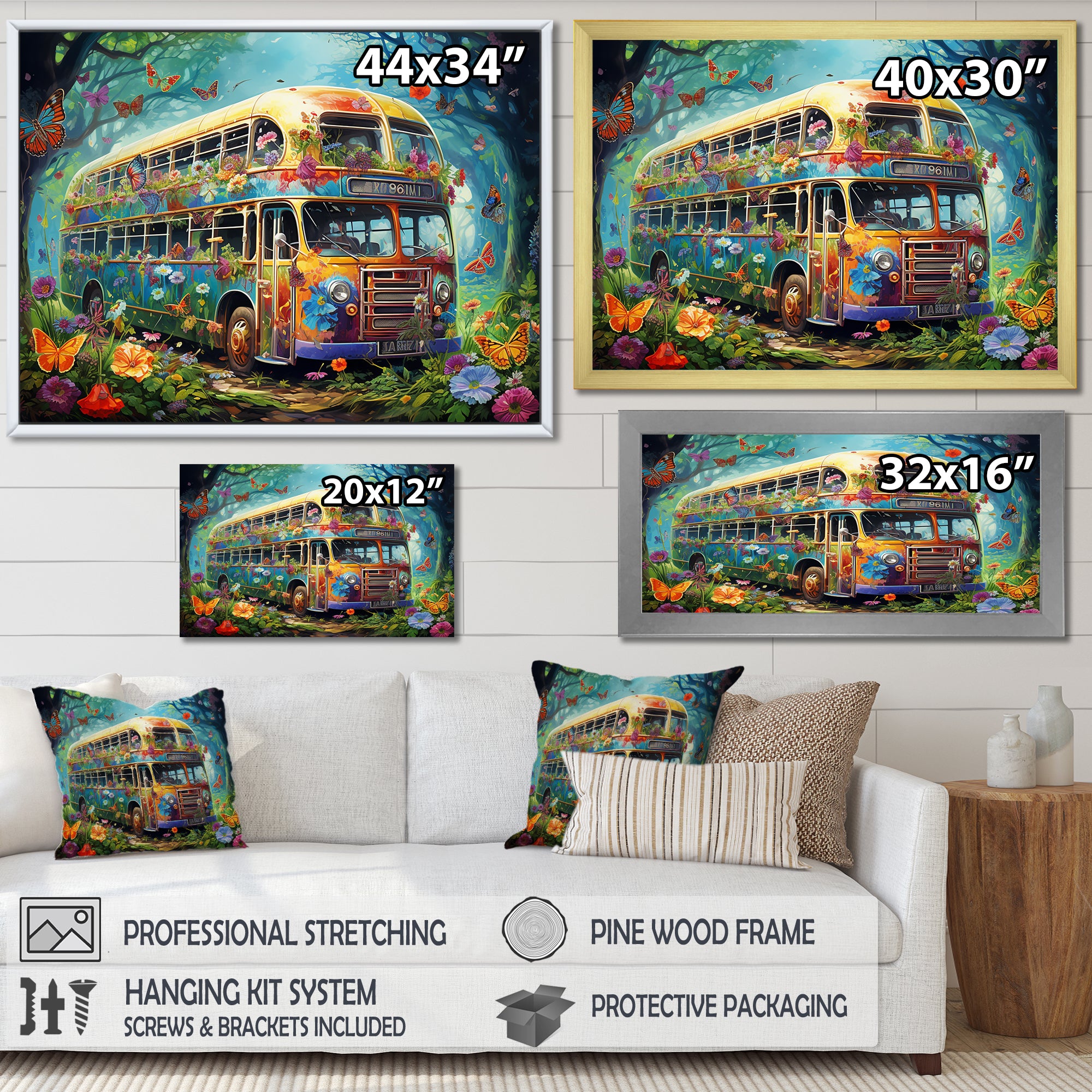 Magic Hippie Bus In The Flower Forest - Car Van Canvas Wall Art