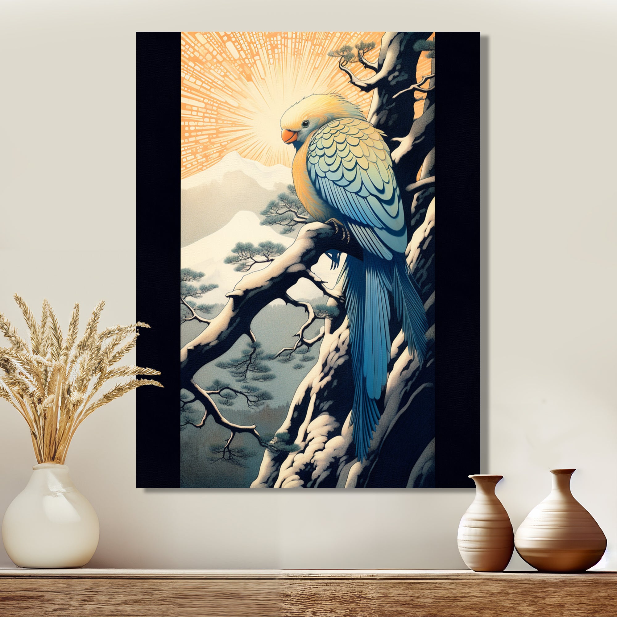 Blue Bird On Winter Brench - Bird Home Decor Art