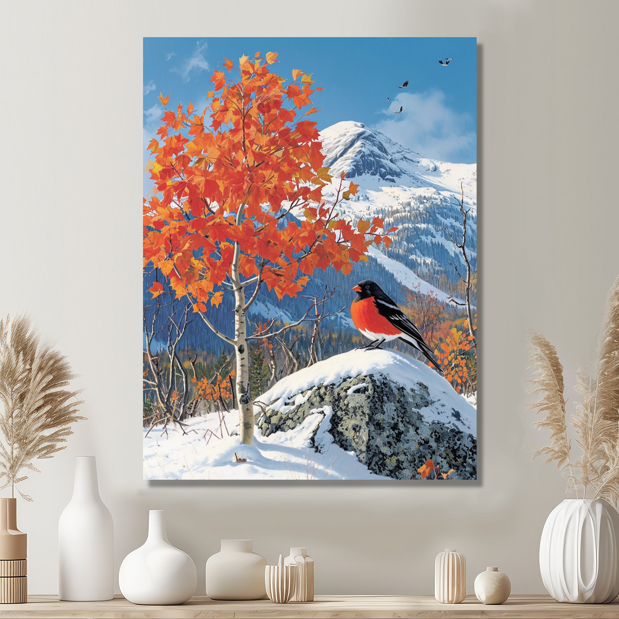 Cardinal Bird In Winter Mountain Landscape - Bird Living Room Wall Art