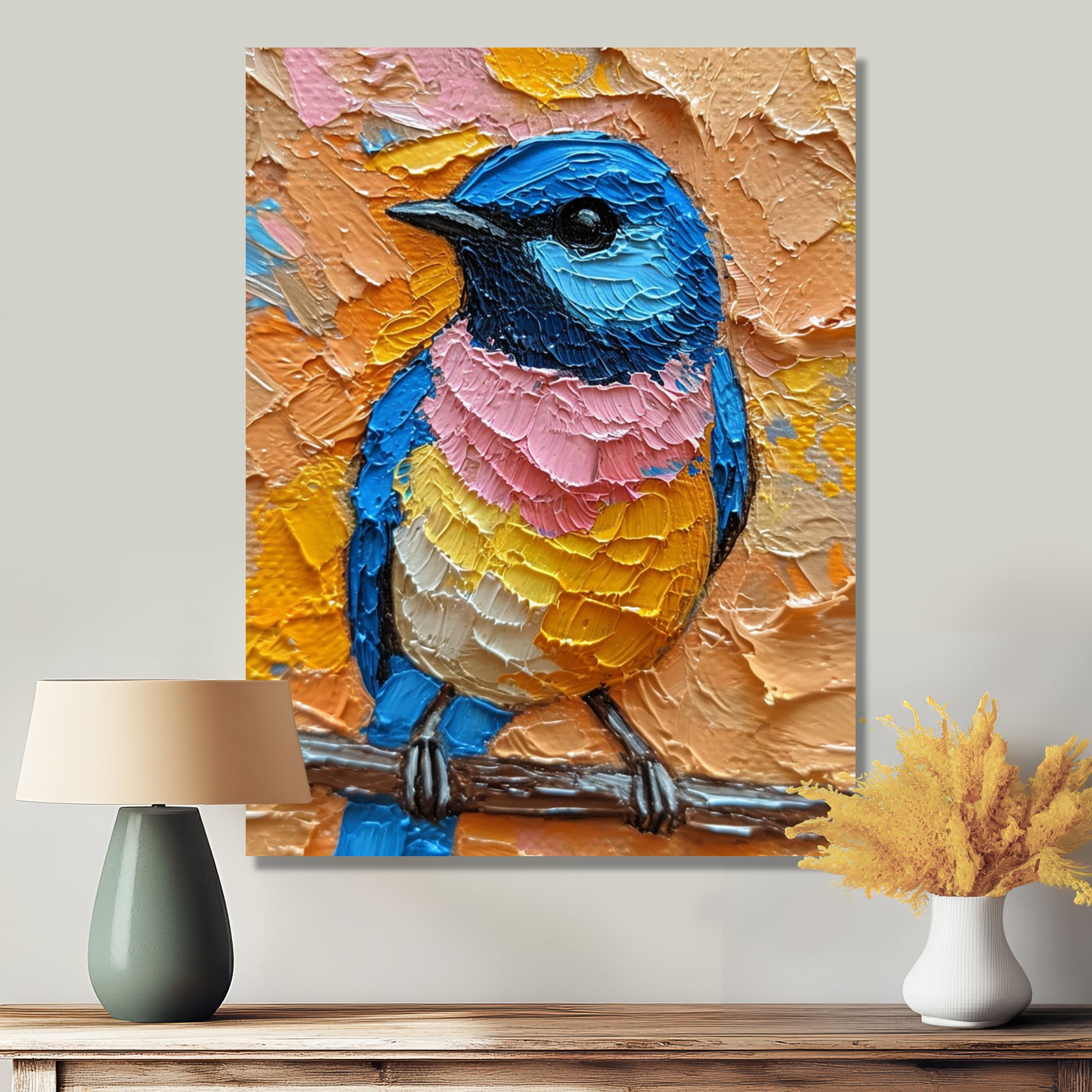 Blue Nightingale Bird On Branch - Multi-Color Bird Wall Art