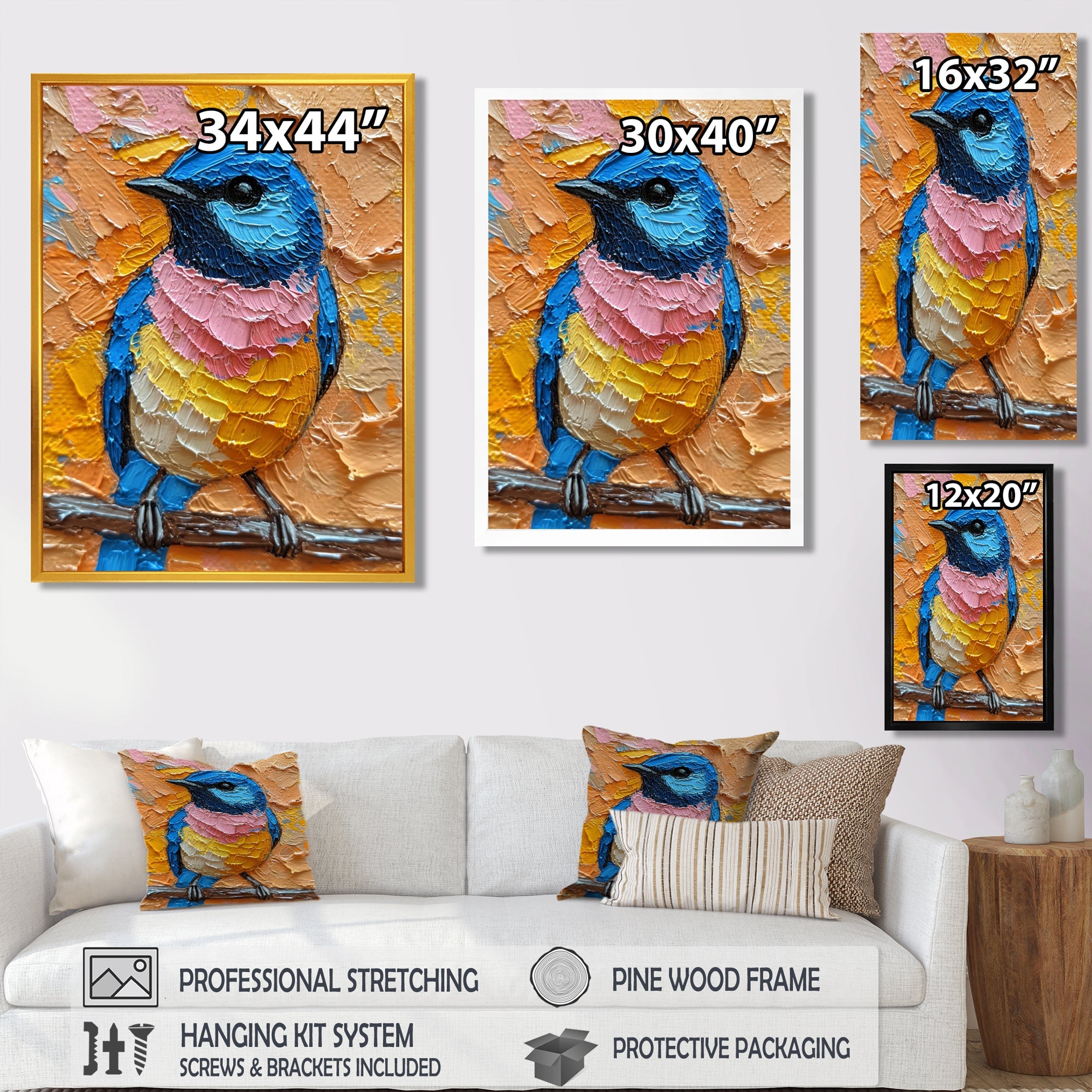 Blue Nightingale Bird On Branch - Multi-Color Bird Wall Art