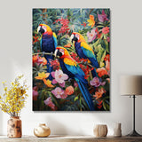 Three Parrots In Tropical Flower Jungle - Parrot Framed Canvas Art