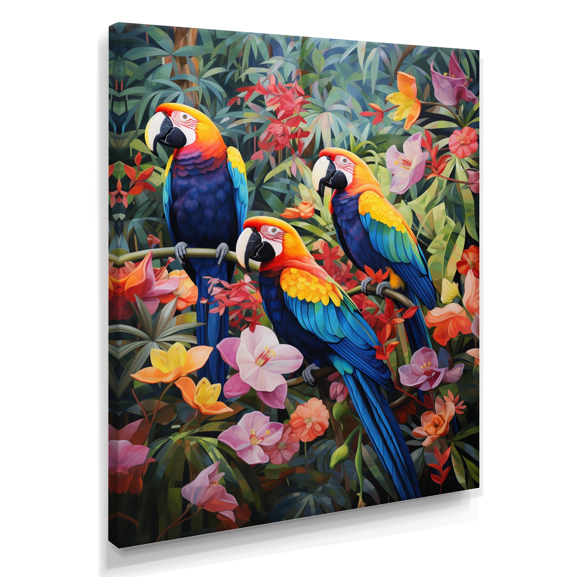 Three Parrots In Tropical Flower Jungle - Parrot Framed Canvas Art