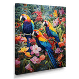 Three Parrots In Tropical Flower Jungle - Parrot Framed Canvas Art
