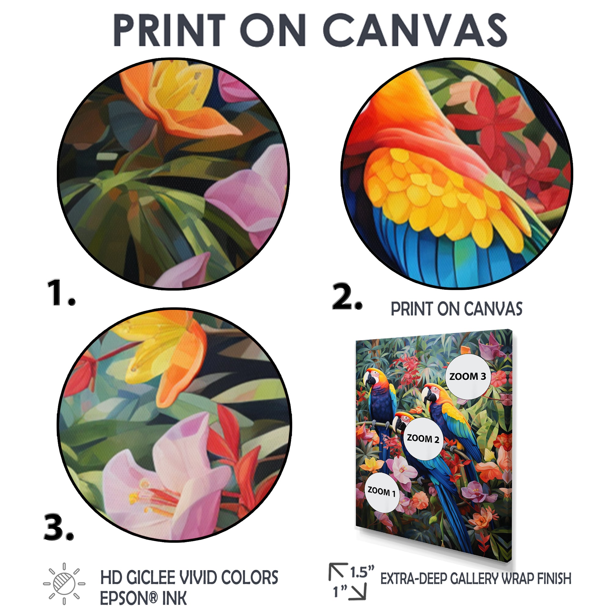 Three Parrots In Tropical Flower Jungle - Parrot Framed Canvas Art