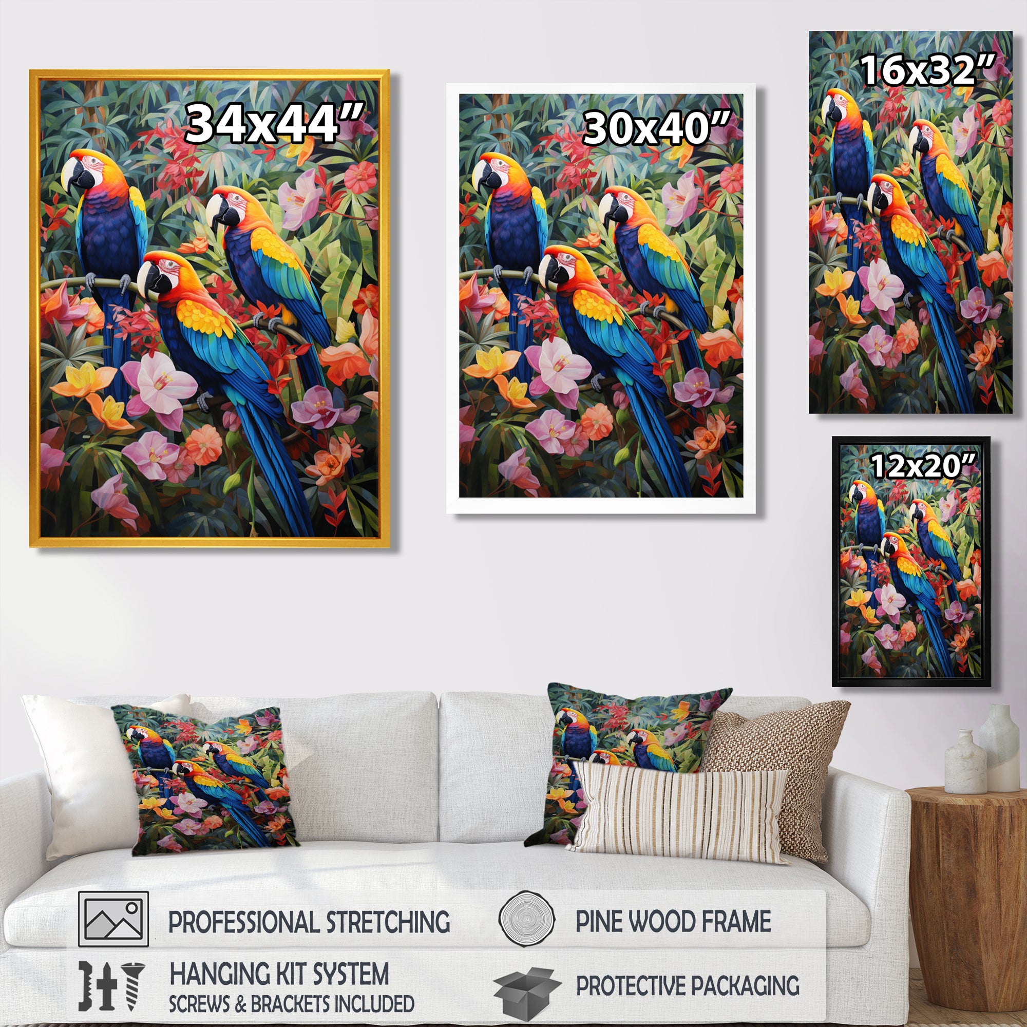 Three Parrots In Tropical Flower Jungle - Parrot Framed Canvas Art