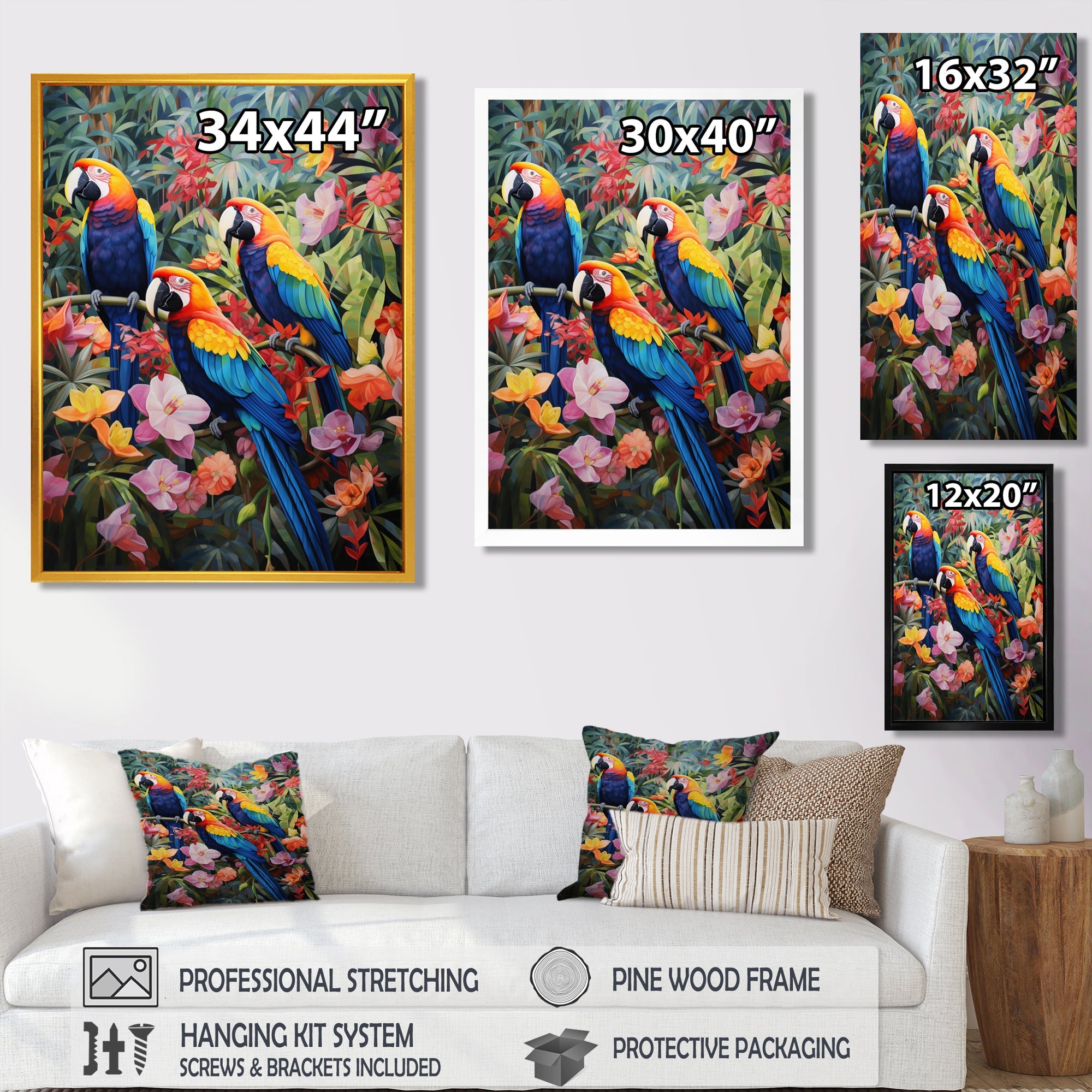 Three Parrots In Tropical Flower Jungle - Parrot Framed Canvas Art