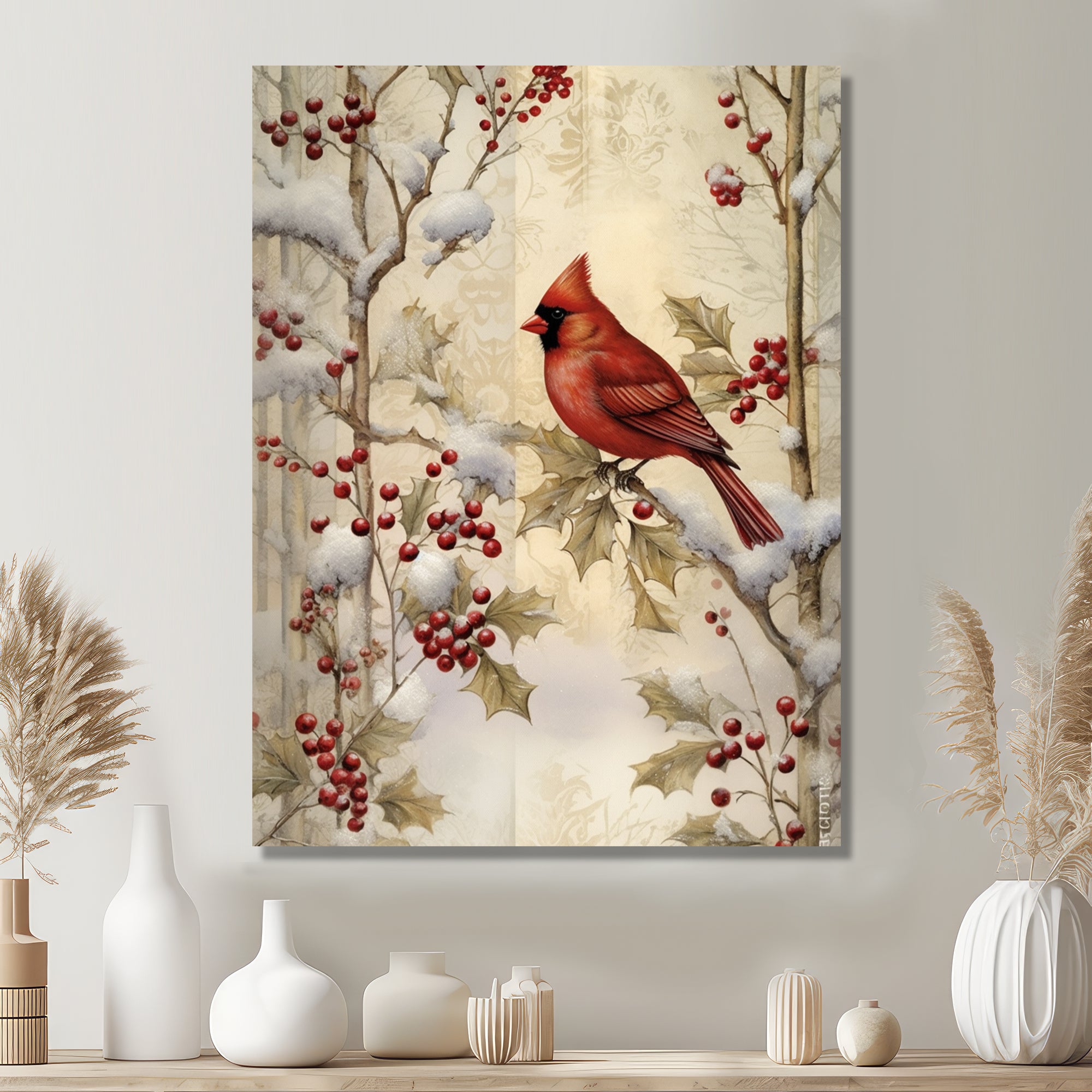 Red Cardinal Bird On Branch Christmas Wood - Bird Large Canvas Wall Art