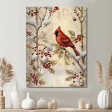 Red Cardinal Bird On Branch Christmas Wood - Bird Large Canvas Wall Art