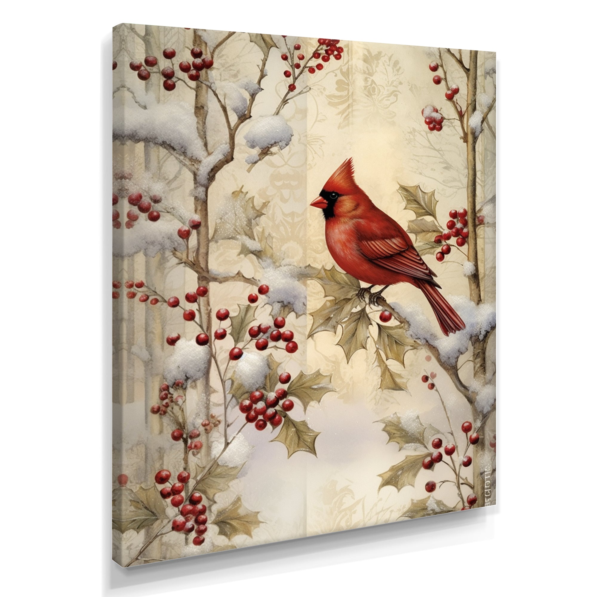 Red Cardinal Bird On Branch Christmas Wood - Bird Large Canvas Wall Art
