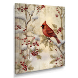 Red Cardinal Bird On Branch Christmas Wood - Bird Large Canvas Wall Art
