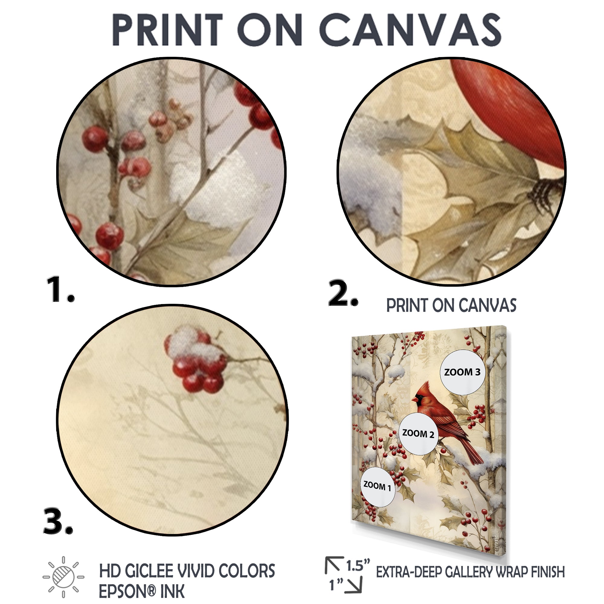 Red Cardinal Bird On Branch Christmas Wood - Bird Large Canvas Wall Art