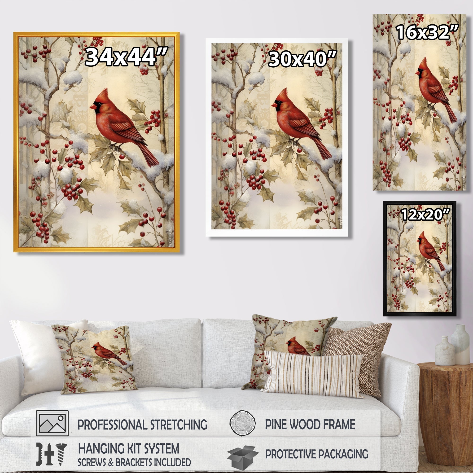 Red Cardinal Bird On Branch Christmas Wood - Bird Large Canvas Wall Art