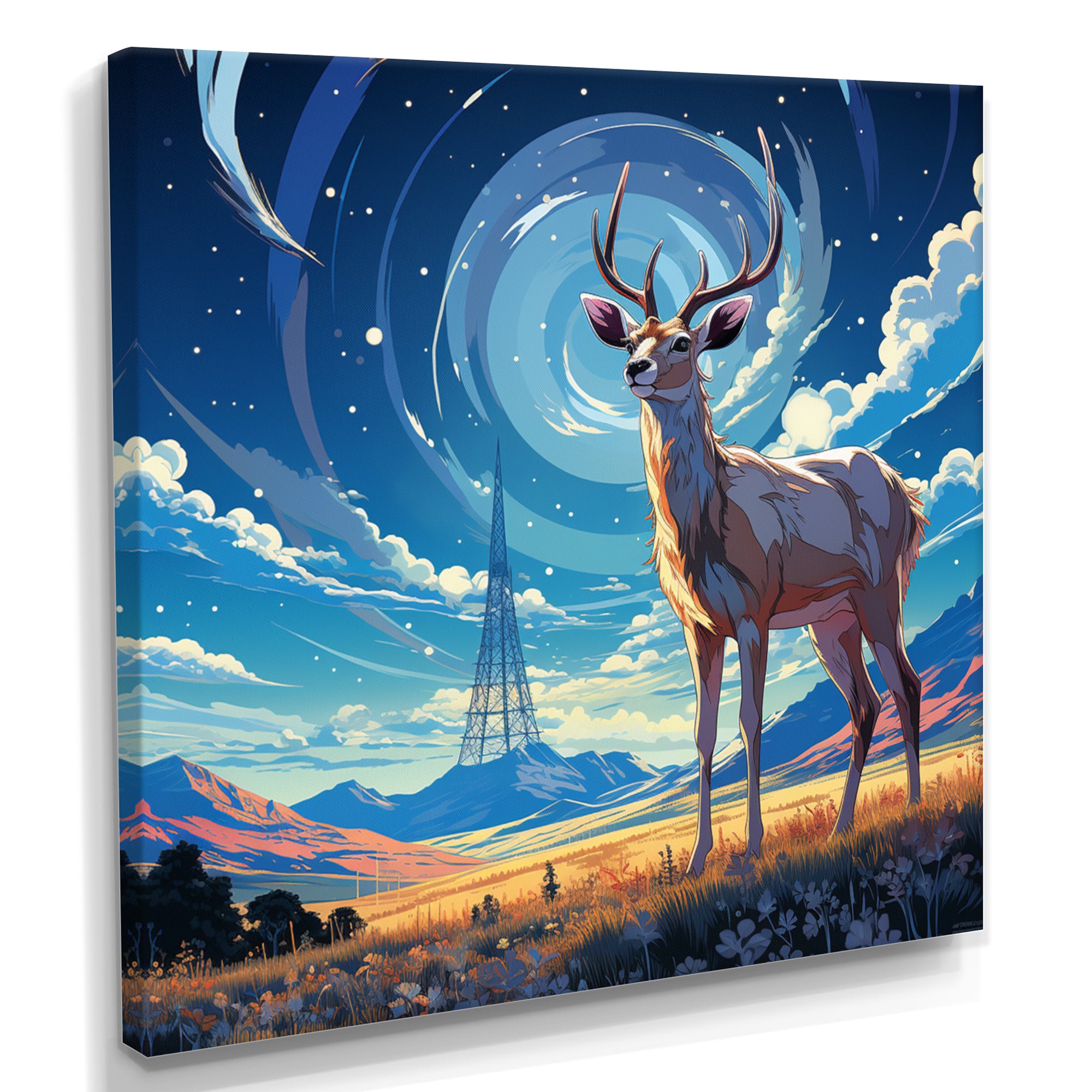Nocturnal Deer On The Prairie - Blue Deer Landscape Mountains Wall Art