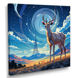 Nocturnal Deer On The Prairie - Blue Deer Landscape Mountains Wall Art