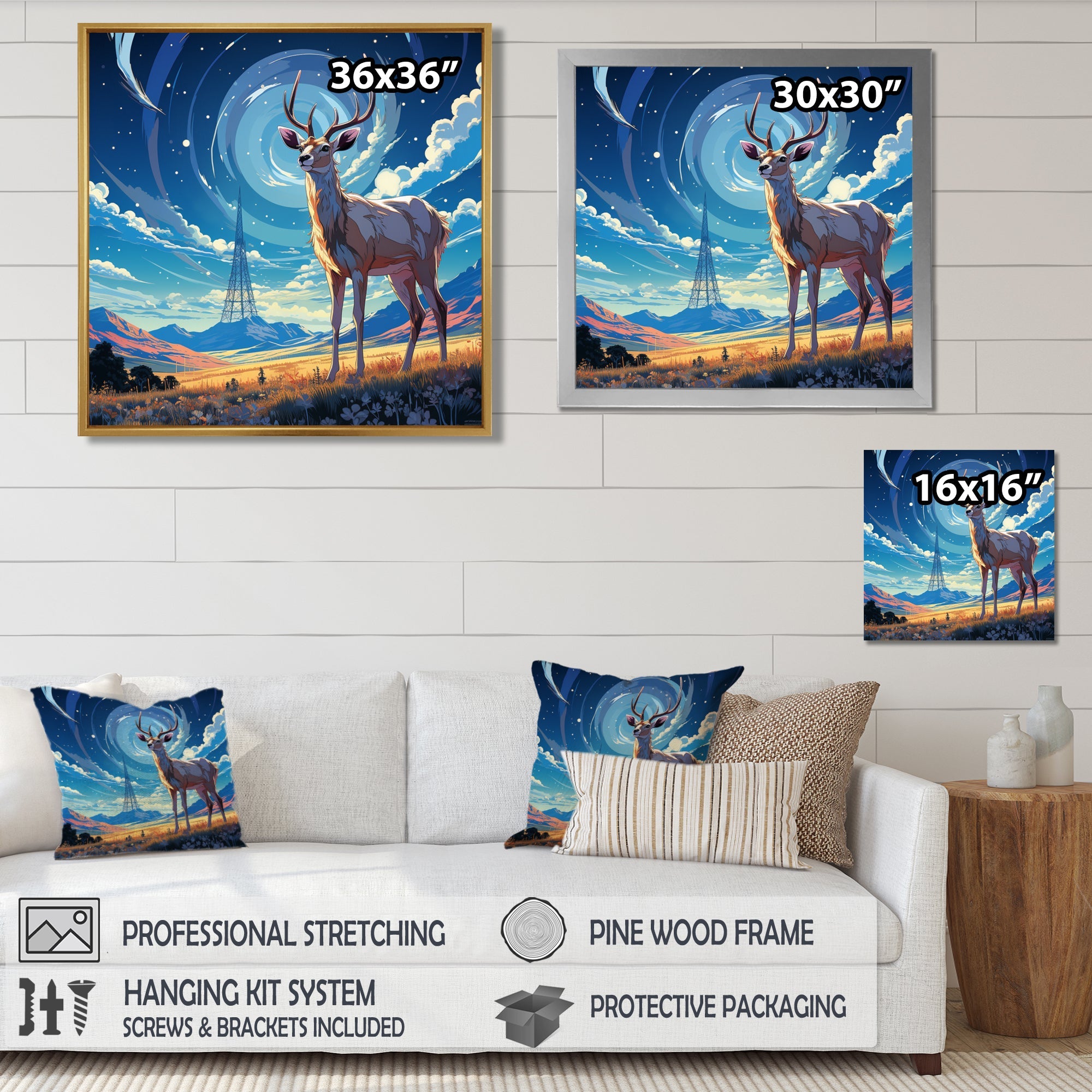 Nocturnal Deer On The Prairie - Blue Deer Landscape Mountains Wall Art