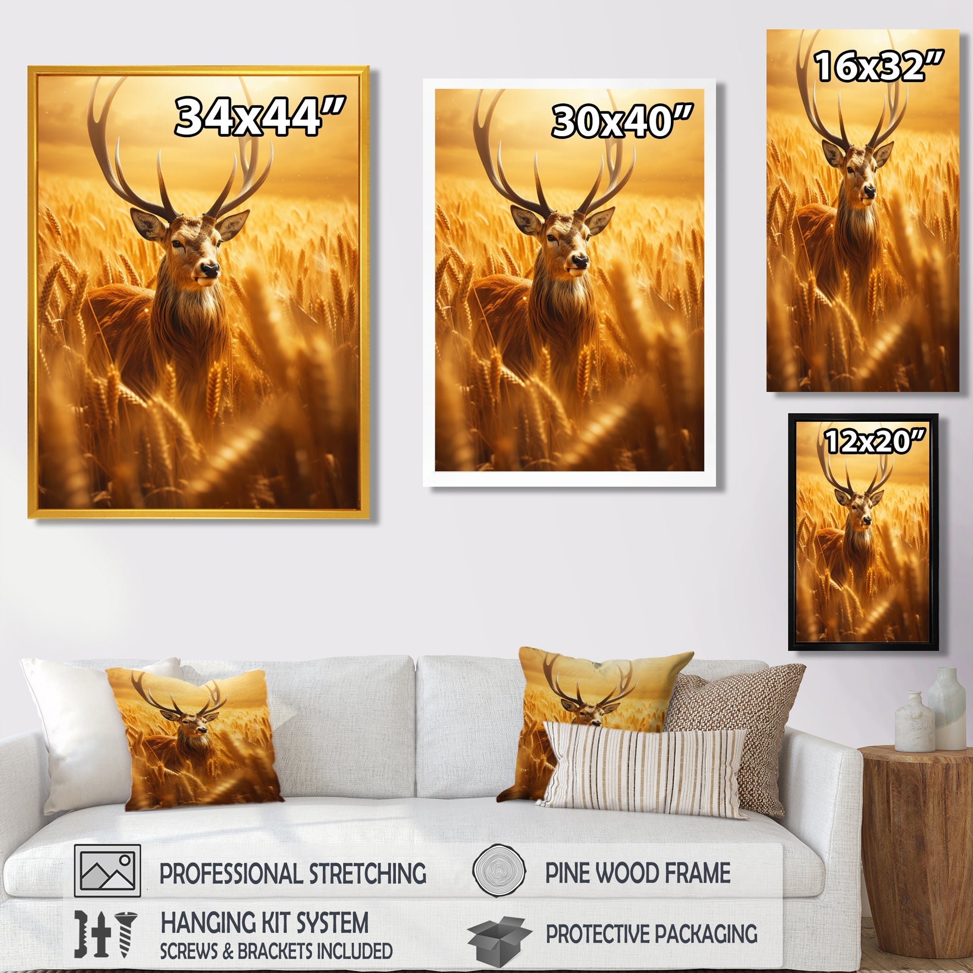 Noble Dear In Summer Wheatfields - Deer Landscape Framed Canvas Art