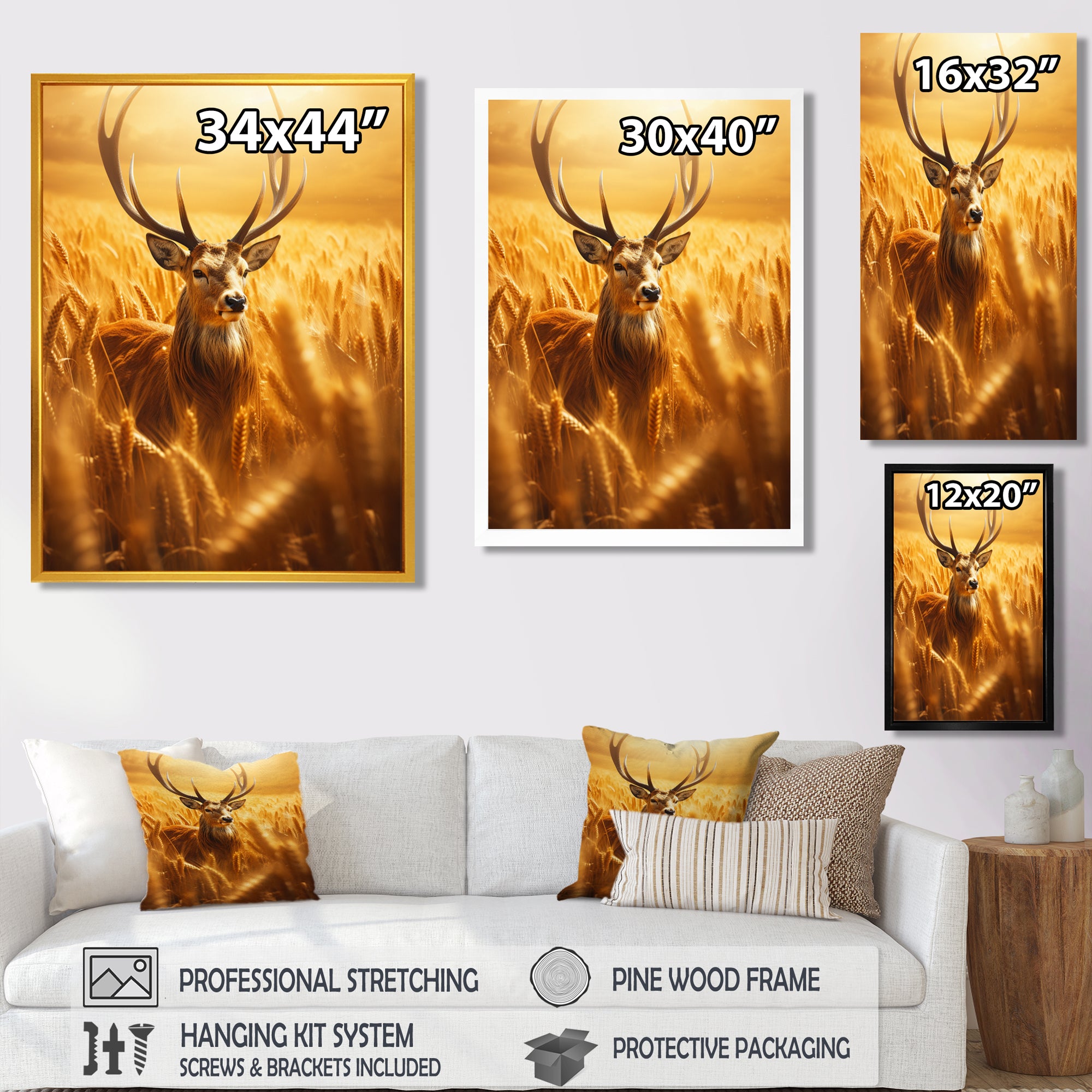 Noble Dear In Summer Wheatfields - Deer Landscape Framed Canvas Art