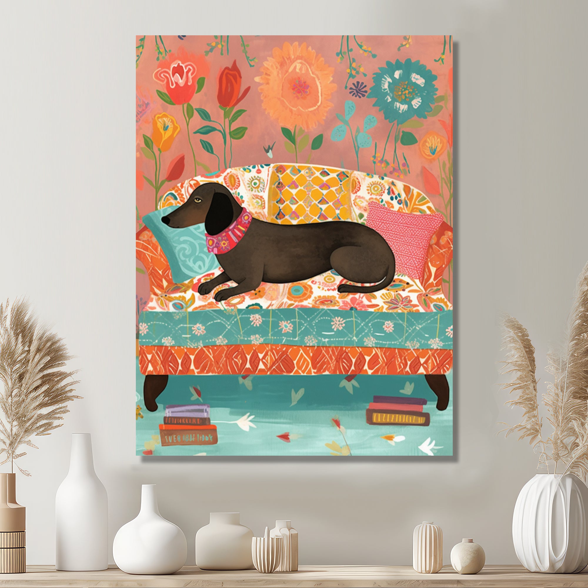 Dachshund Resting On The Couch Boho Interior - Dog Dachshund Wall Decor