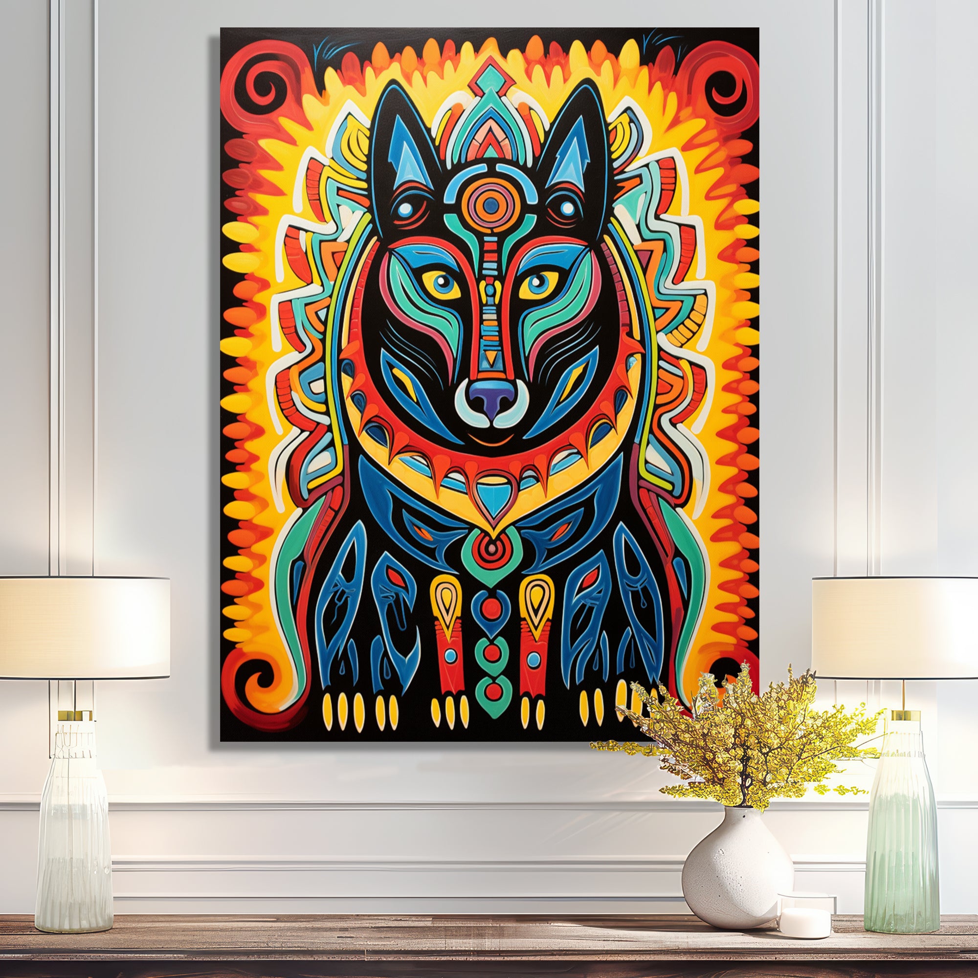 Radiant Boho Portrait Of Ethnic Black Dog - Multi-Color Dog Wall Art