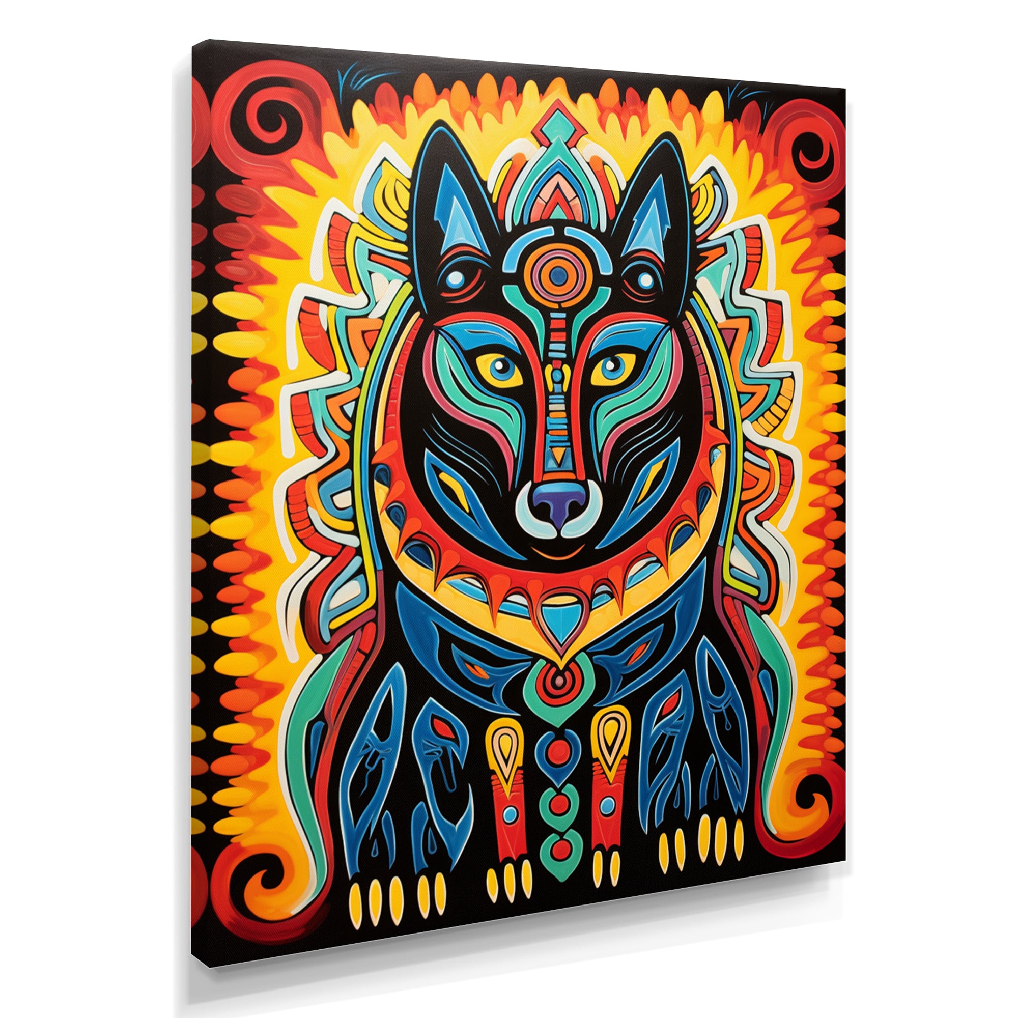Radiant Boho Portrait Of Ethnic Black Dog - Multi-Color Dog Wall Art