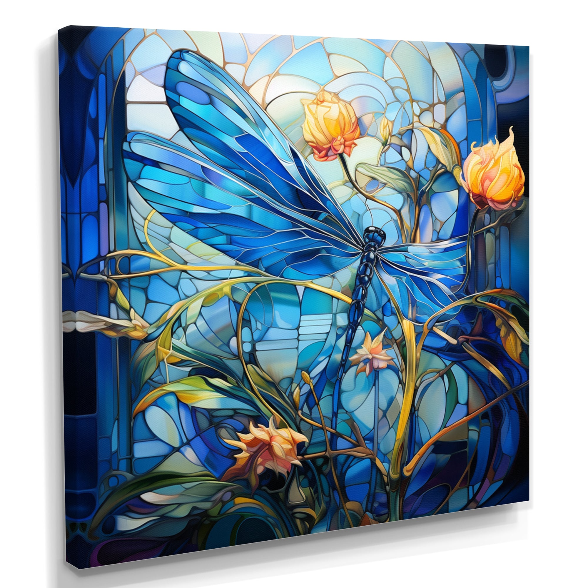 Blue Dragonfly Yellow Flowers - Dragonfly Bedroom Wall Art