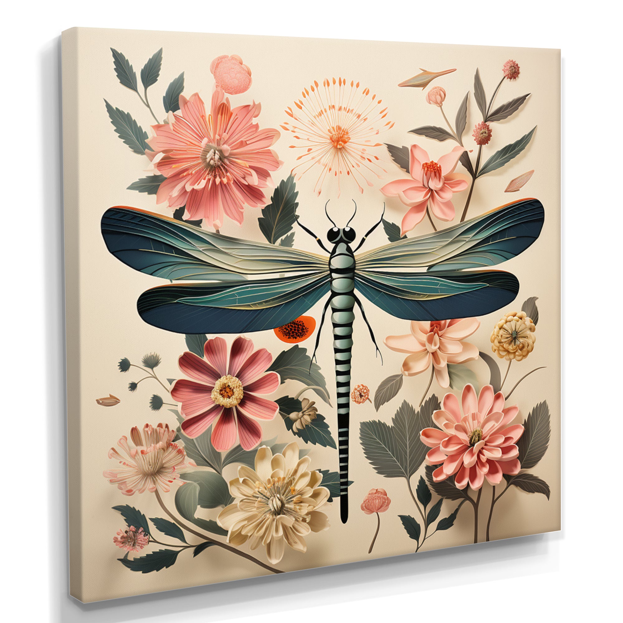 Vintage Illustration Of Dragonfly Green Pink - Dragonfly Canvas Wall Art