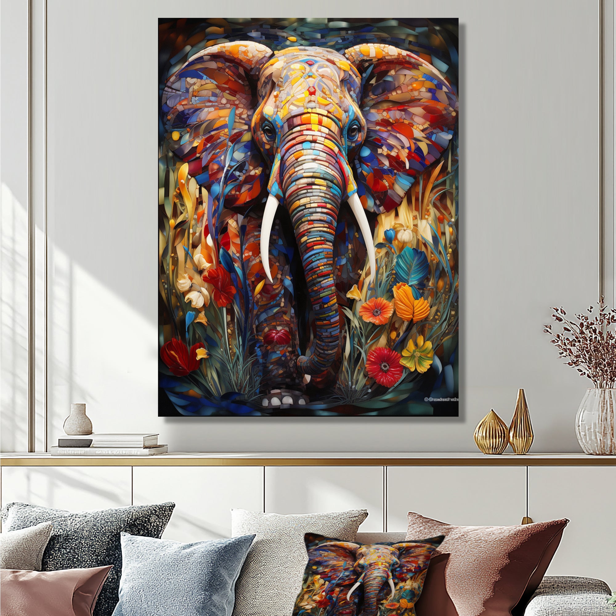 Colorful Elephant With Blooming Flowers - Elephant Fashion Wall Art Prints