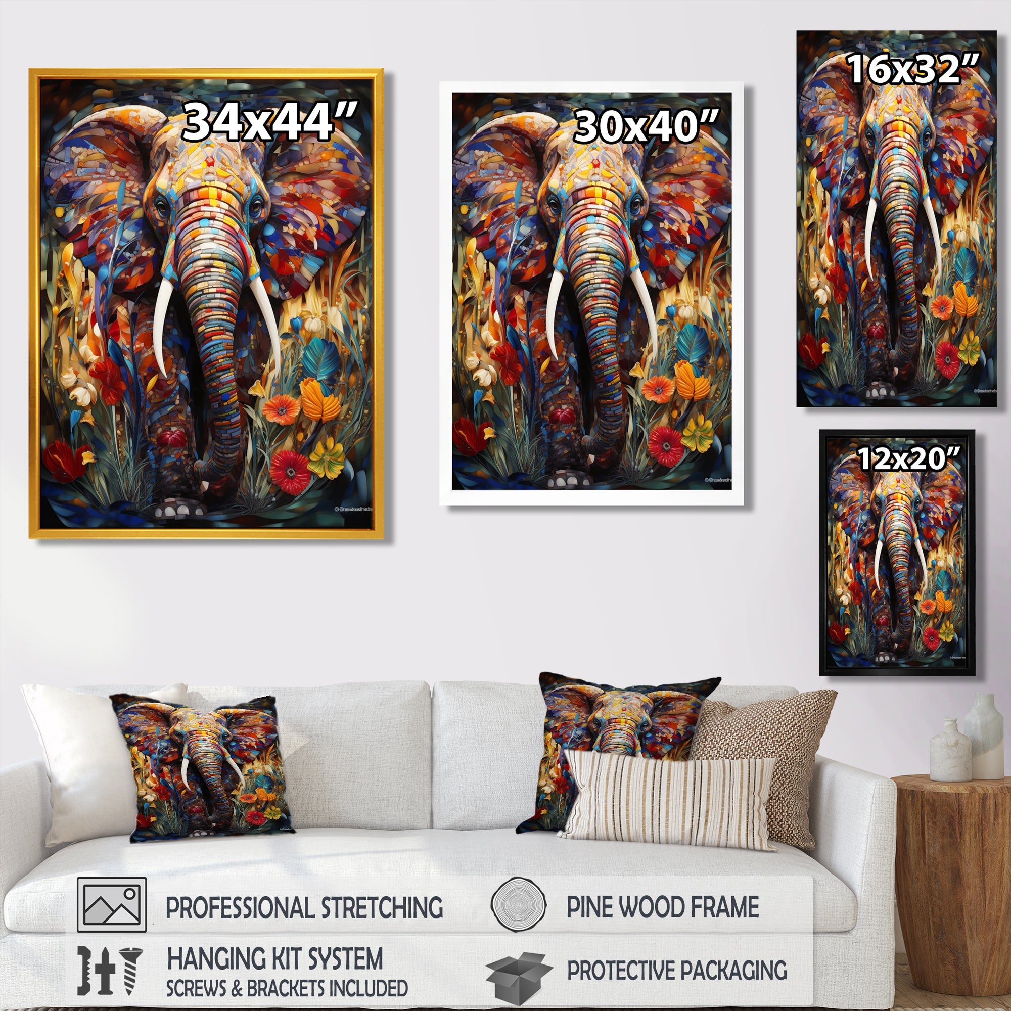 Colorful Elephant With Blooming Flowers - Elephant Fashion Wall Art Prints